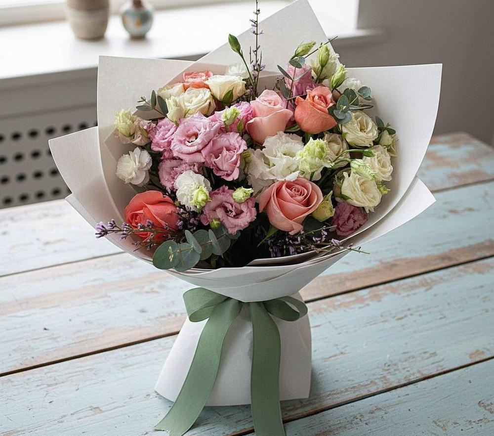 Букет цветов из: Розы, Лизиантусы и Гвоздики в Варгаши