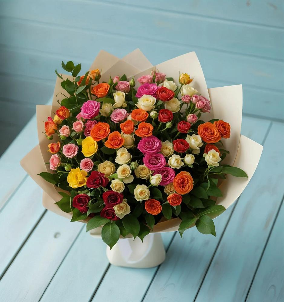 Букет Микс из разноцветных кустовых роз в Варгаши