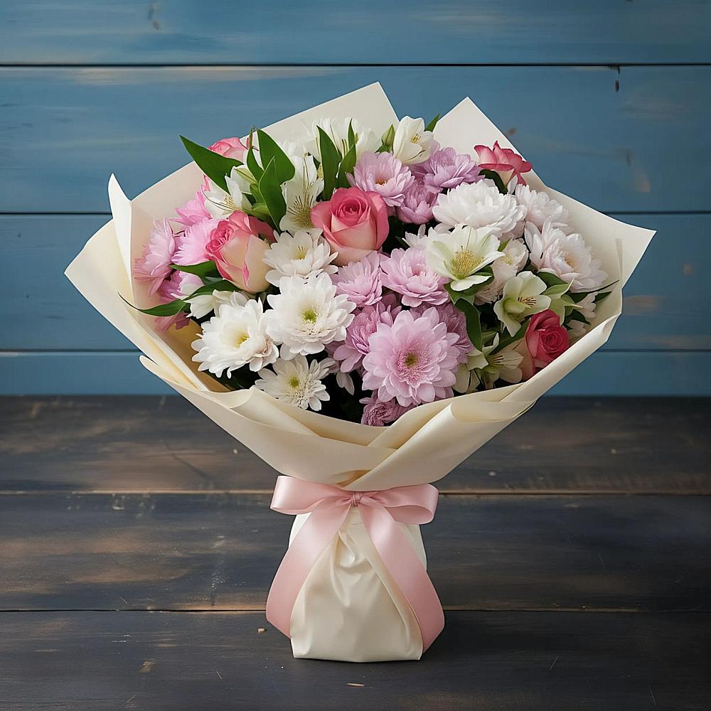 Букет цветов из: Хризантемы, Альстромерии и Розы в Варгаши